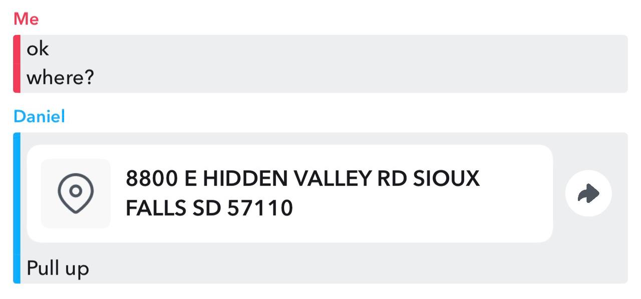 Text message showing last known address in Sioux Falls